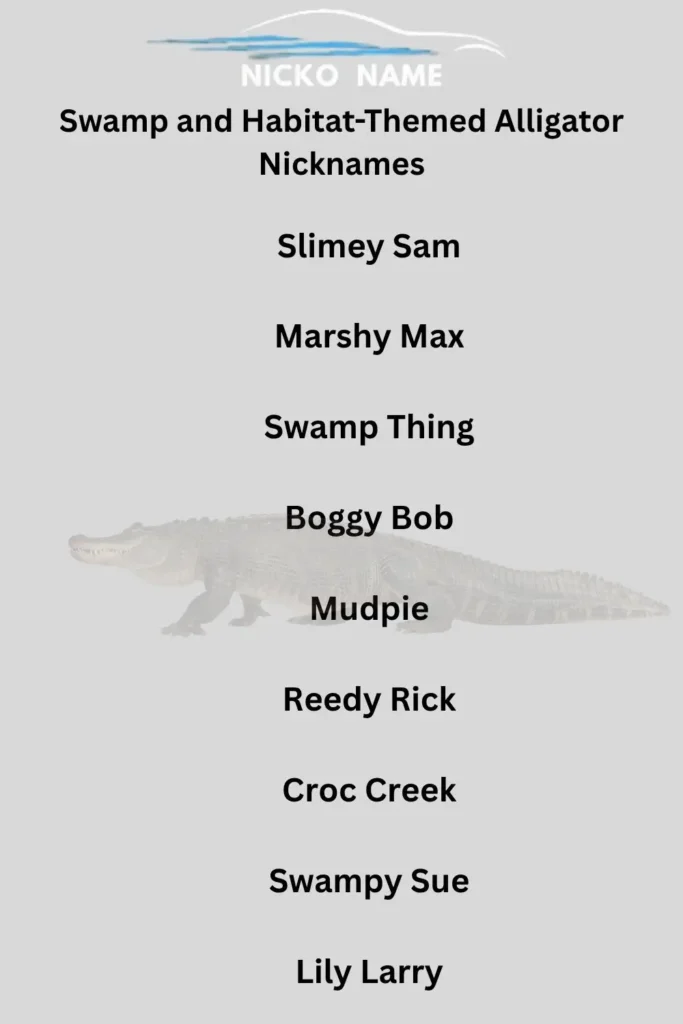 Alligator in a swamp surrounded by water lilies symbolizing habitat-inspired nicknames