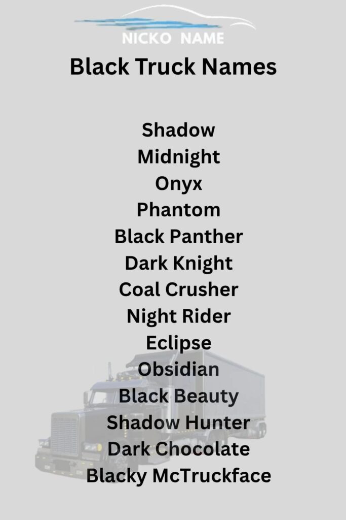 A visually organized chart showcasing the top 50 black truck names for 2025, including classic, funny, and badass options.
