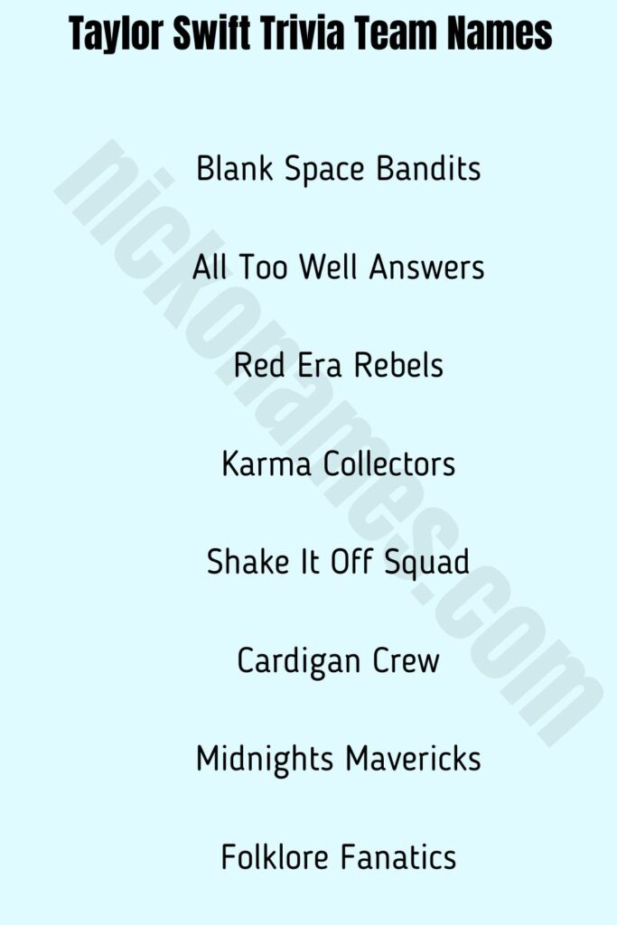 Taylor Swift Trivia Team Names